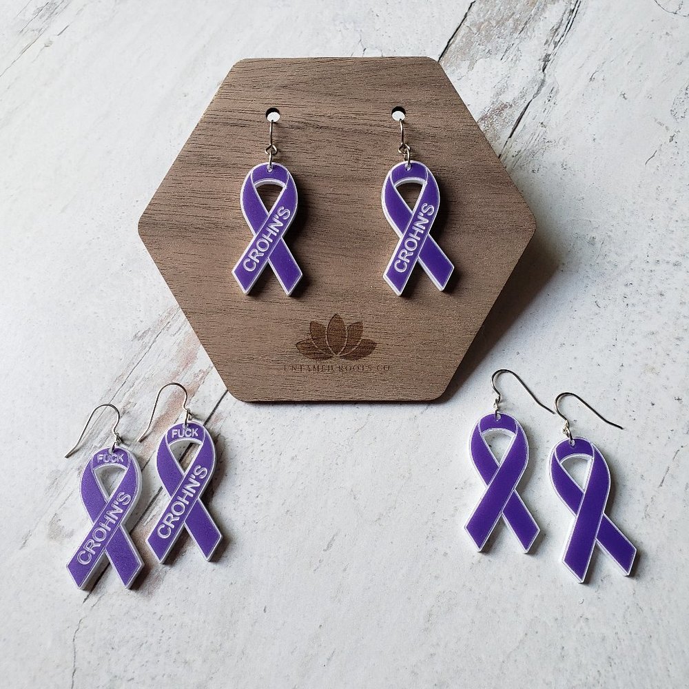 Crohn's Disease Awareness Ribbon Earrings, Purple Dangle Earrings, Handmade
